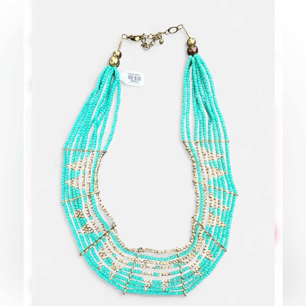 Tribal Sea beaded Bib Necklace Green and Gold - Picture 3 of 4